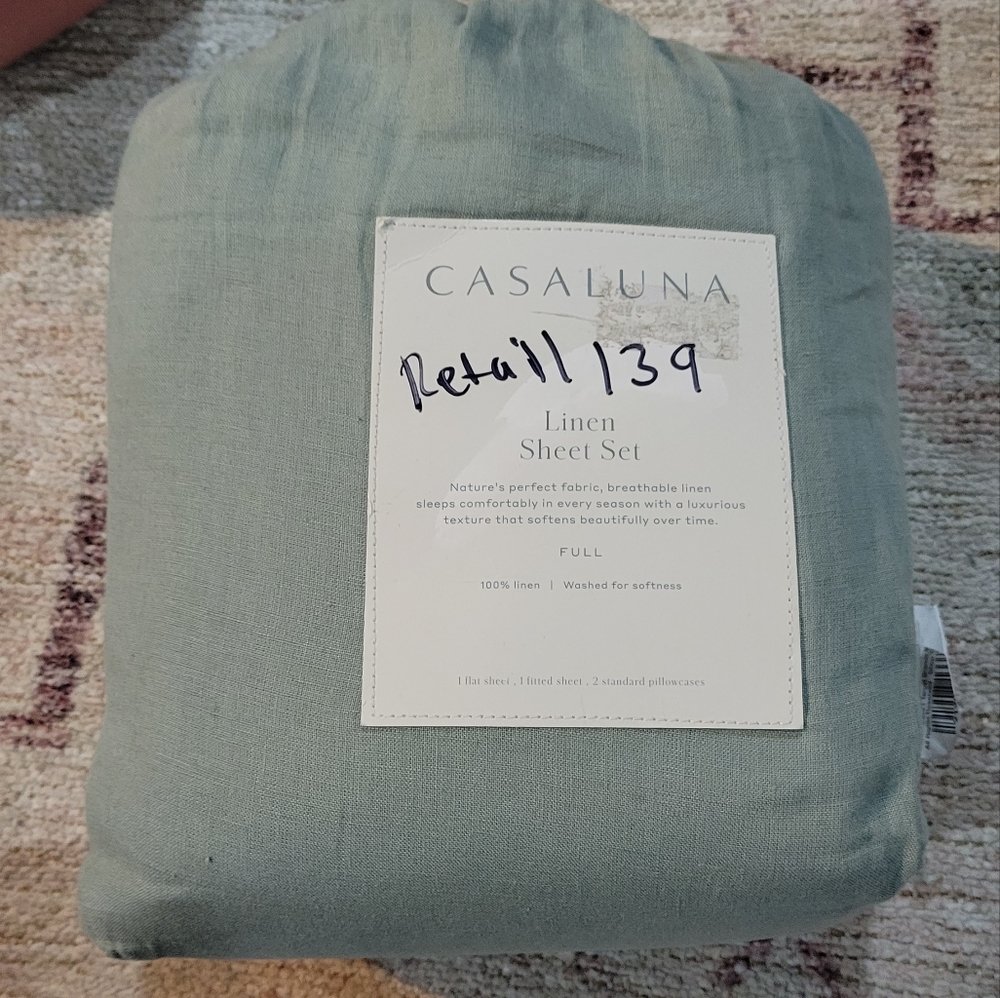 Casaluna 100% Washed Linen Solid Sheet Set -New- Full Size